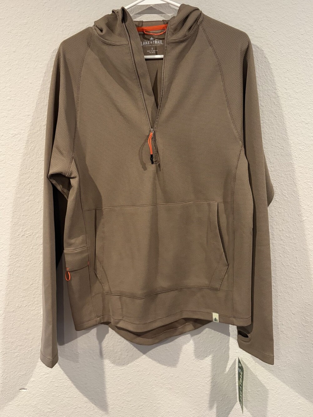 NEW Lake & Trail Mens Tan Waffle Knit 1/4 Zip Long Sleeve Pullover Hoodie Size S